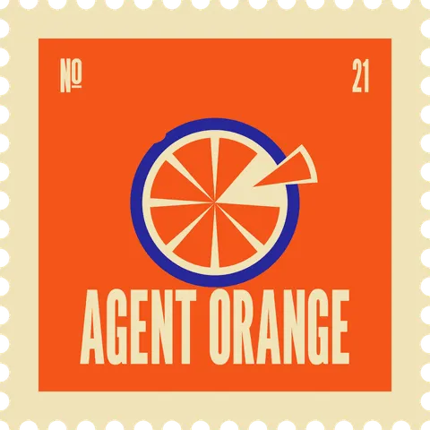 Agent Orange stamp, No. 21 in the Official Cannabis collection: an orange seen end-on with one segment lifted out, navy on orange