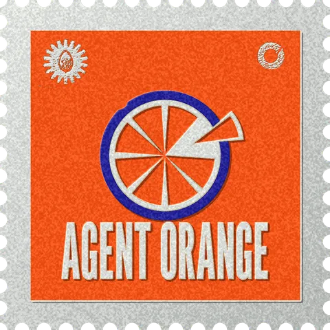 Agent Orange stamp, No. 48 in the Official Cannabis collection: an orange seen end-on with one segment lifted out, navy on orange