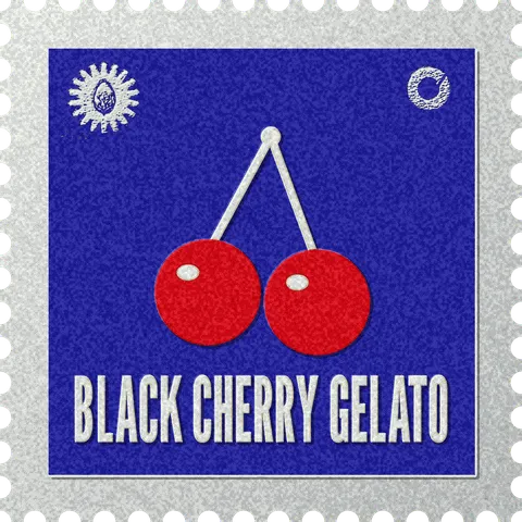 Black Cherry Gelato stamp, No. 56 in the Official Cannabis collection: a pair of cherries on joined stems