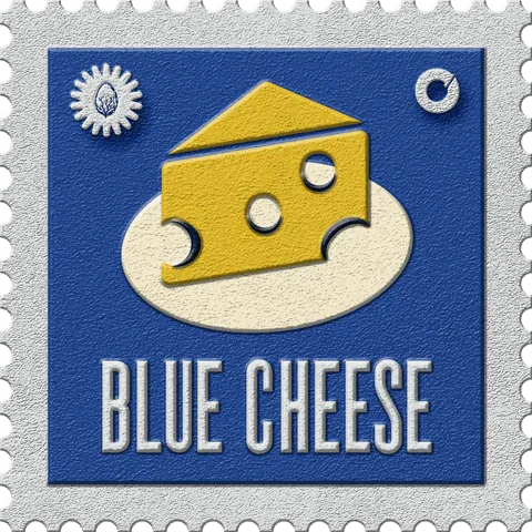 Blue Cheese stamp, No. 09 in the Official Cannabis collection: a wedge of cheese on blue