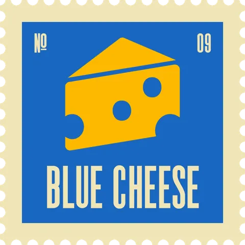 Blue Cheese stamp, No. 09 in the Official Cannabis collection: a yellow wedge of cheese on blue