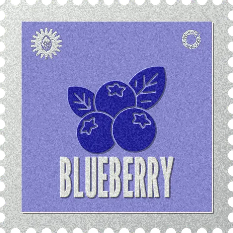 Blueberry stamp, No. 73 in the Official Cannabis collection: three blueberries with crowns on lavender