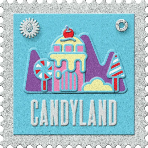 Candyland stamp, No. 34 in the Official Cannabis collection: a candy castle with lollipops on sky blue