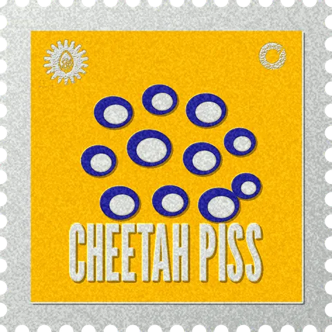 Cheetah Piss stamp, No. 57 in the Official Cannabis collection: a cluster of cheetah rosettes