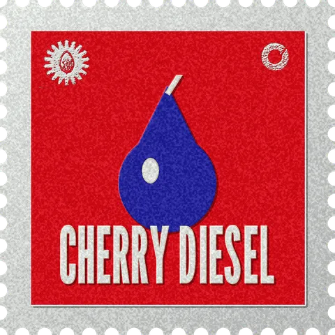Cherry Diesel stamp, No. 71 in the Official Cannabis collection: a fuel drop with a cherry stem