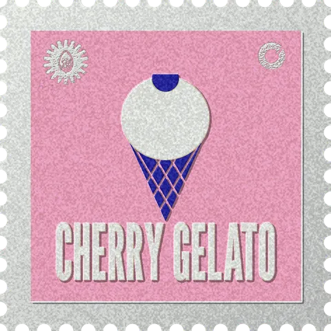 Cherry Gelato stamp, No. 67 in the Official Cannabis collection: a scoop on a waffle cone with a cherry on top