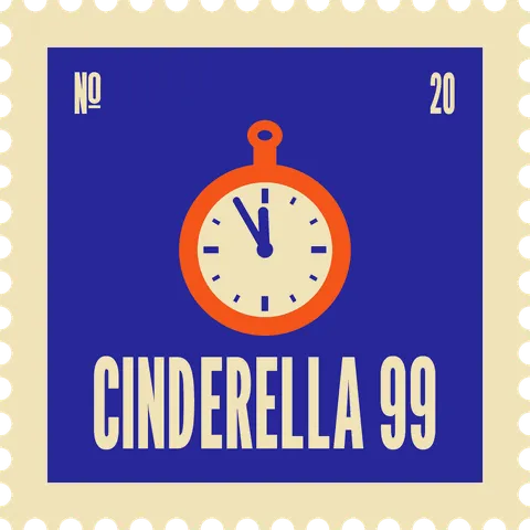Cinderella 99 stamp, No. 20 in the Official Cannabis collection: an orange pocket watch at 11:55 on indigo