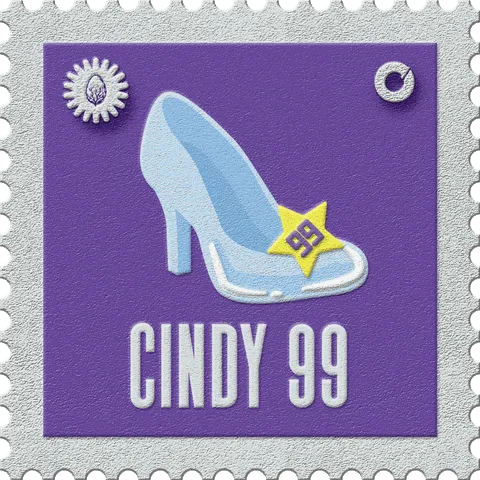 Cinderella 99 stamp, No. 47 in the Official Cannabis collection: a glass slipper with a star reading 99, on violet