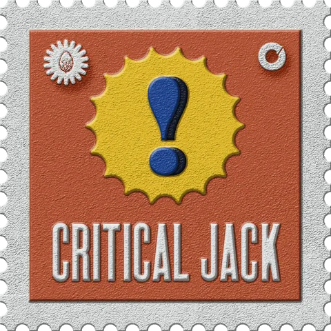 Critical Jack stamp, No. 10 in the Official Cannabis collection: an exclamation mark on a yellow burst, on rust red