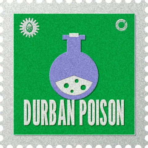 Durban Poison stamp, No. 59 in the Official Cannabis collection: a stoppered round flask with a bubbling liquid