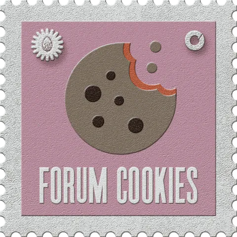 Forum Cookies stamp, No. 19 in the Official Cannabis collection: a bitten chocolate-chip cookie on dusty pink