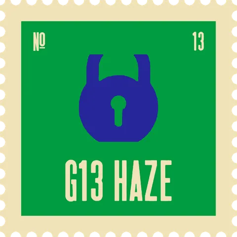G13 Haze stamp, No. 13 in the Official Cannabis collection: an indigo padlock on green