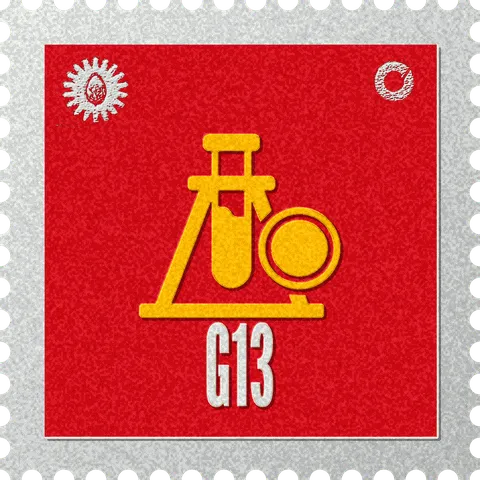 G13 stamp, No. 75 in the Official Cannabis collection: a test tube and a seal on red