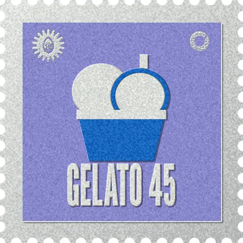 Gelato 45 stamp, No. 68 in the Official Cannabis collection: two scoops in a paper cup with a flat spoon