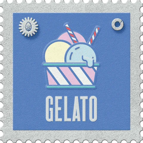 Gelato stamp, No. 21 in the Official Cannabis collection: two scoops in a striped cup with two straws on blue