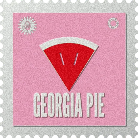 Georgia Pie stamp, No. 50 in the Official Cannabis collection: a wedge of pie with a cream crust and two slits in the filling