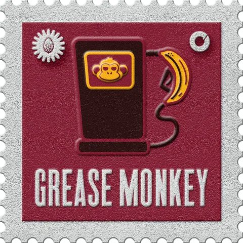 Grease Monkey stamp, No. 32 in the Official Cannabis collection: a fuel pump with a monkey face on the dial and a banana for a nozzle, on maroon