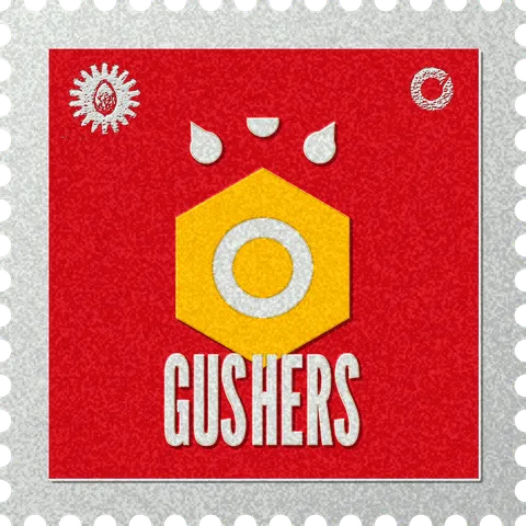 Gushers stamp, No. 51 in the Official Cannabis collection: a hexagonal gummy with three drops bursting from the top