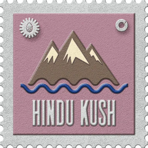 Hindu Kush stamp, No. 11 in the Official Cannabis collection: snowcapped peaks over water on pink