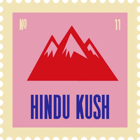 Hindu Kush stamp, No. 11 in the Official Cannabis collection: red snowcapped peaks on pink