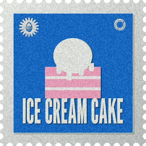 Ice Cream Cake stamp, No. 53 in the Official Cannabis collection: a slab of layered cake with a scoop melting over it