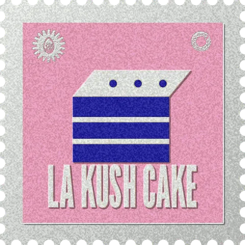 LA Kush Cake stamp, No. 62 in the Official Cannabis collection: a slice of layer cake with cream between the layers