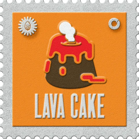 Lava Cake stamp, No. 35 in the Official Cannabis collection: a chocolate lava cake running with red lava on orange