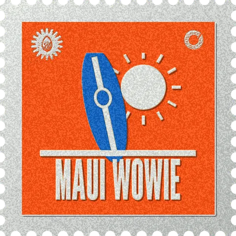 Maui Wowie stamp, No. 60 in the Official Cannabis collection: a surfboard standing in the sand in front of a low sun