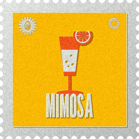 Mimosa stamp, No. 54 in the Official Cannabis collection: a champagne flute with bubbles and a citrus wheel on the rim