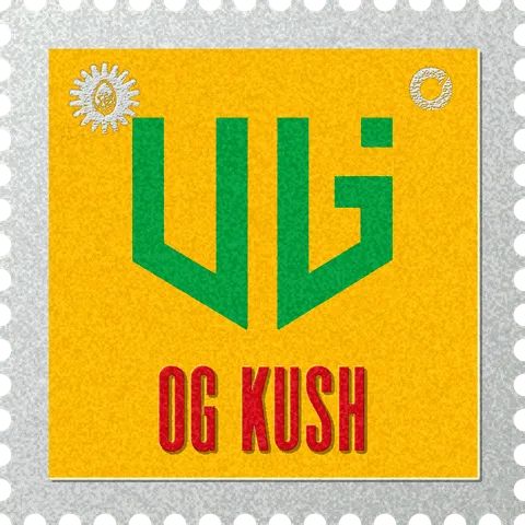 OG Kush stamp, No. 16 in the Official Cannabis collection: green OG letters on yellow