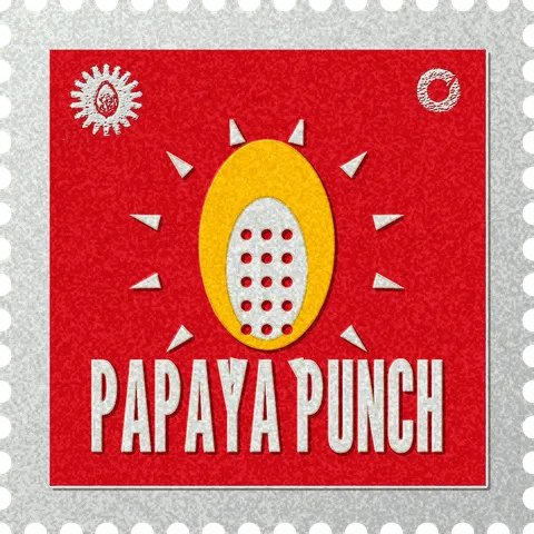 Papaya Punch stamp, No. 66 in the Official Cannabis collection: a papaya half with its seed cavity in front of a burst
