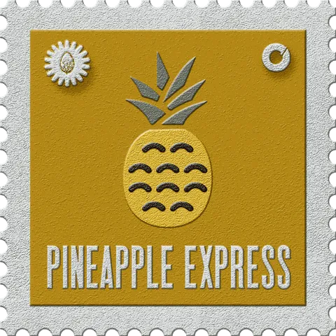 Pineapple Express stamp, No. 14 in the Official Cannabis collection: a yellow pineapple on red