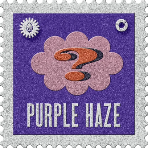 Purple Haze stamp, No. 15 in the Official Cannabis collection: a question mark in a cloud on indigo