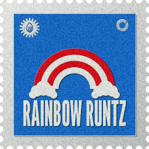 Rainbow Runtz stamp, No. 58 in the Official Cannabis collection: a rainbow of alternating bands over two clouds