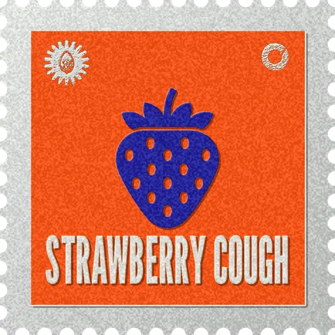 Strawberry Cough stamp, No. 77 in the Official Cannabis collection: a strawberry on orange