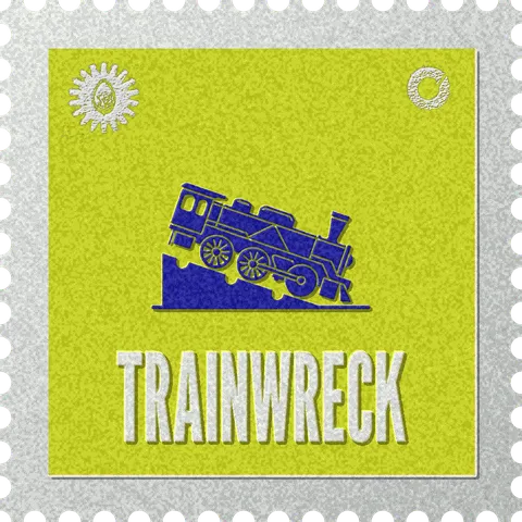 Trainwreck stamp, No. 76 in the Official Cannabis collection: a toppled steam locomotive on lime green