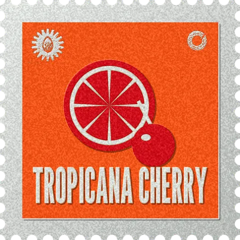 Tropicana Cherry stamp, No. 61 in the Official Cannabis collection: a citrus wheel with a cherry in front of it