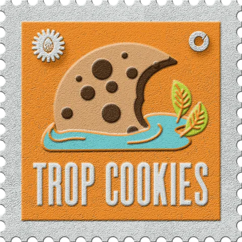 Trop Cookies stamp, No. 30 in the Official Cannabis collection: a bitten cookie splashing into a puddle on orange