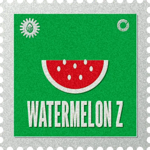 Watermelon Z stamp, No. 65 in the Official Cannabis collection: a watermelon wedge with cream pith and seeds