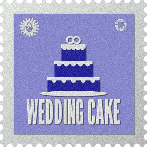 Wedding Cake stamp, No. 52 in the Official Cannabis collection: a three-tier cake on a plate with cream icing and two rings on top