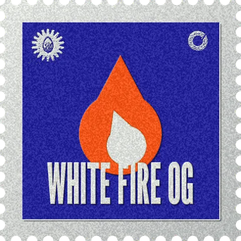 White Fire OG stamp, No. 72 in the Official Cannabis collection: a flame with a cream inner flame
